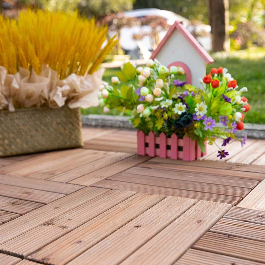 Outsunny Gạch lát sàn sân vườn bằng gỗ ngoài trời, 27 viên/bộ, 2,5m², kiểu ghép nối, 30x30cm - Cà phê nâu - Xem 1