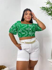 Cropped com Manga/ Manga Aberto/Blusinha Lastex/Estampado/Com Bojo/Moda Verao - Verde - Visão 3