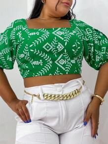 Cropped com Manga/ Manga Aberto/Blusinha Lastex/Estampado/Com Bojo/Moda Verao - Verde - Visão 5