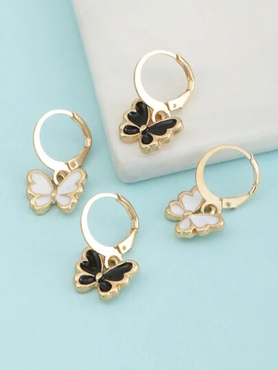 Set de 4 piezas de pendientes de mariposa colgantes de aleación para niñas, adecuado para decoración diaria