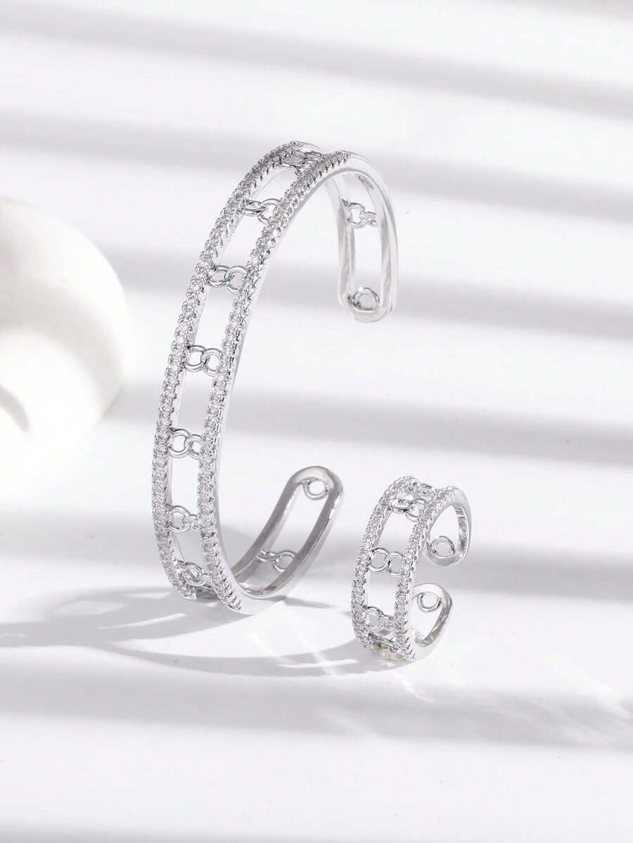 Cubic Zirconia Decor Manșetă și Inel Manșetă - Argint - Vizualizare 1