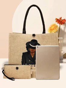 2pcs Outdoor Travel Tote Bags, Large Capacity, Durable And Lightweight Handbags, Beach Totes, Cosmetic Pouches, Waterproof Camping Bags, Suitable For Family, Girls, College Student Group Travel And Various Occasions Such As Beach, Swimming, Picnic, Etc. Meet All Your Storage Needs! For School, Outdoor Activities, Travel And Hiking. - Khaki - View 4