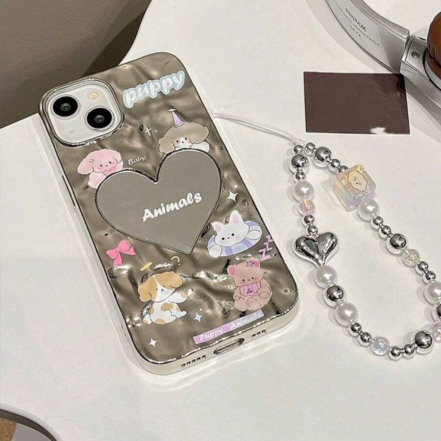 電鍍百褶鏡面愛心動物手機殼/頸帶，適用於iPhone 15 Pro Max/11/13/12 Pro Max/14 Pro Max