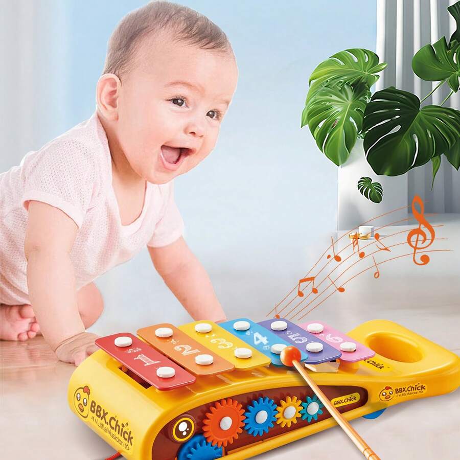 1入組兒童音樂玩具手擊鋼琴拖拉滑車6個音樂齒輪鯨魚隨機顏色包括2份樂譜早期教育禮物