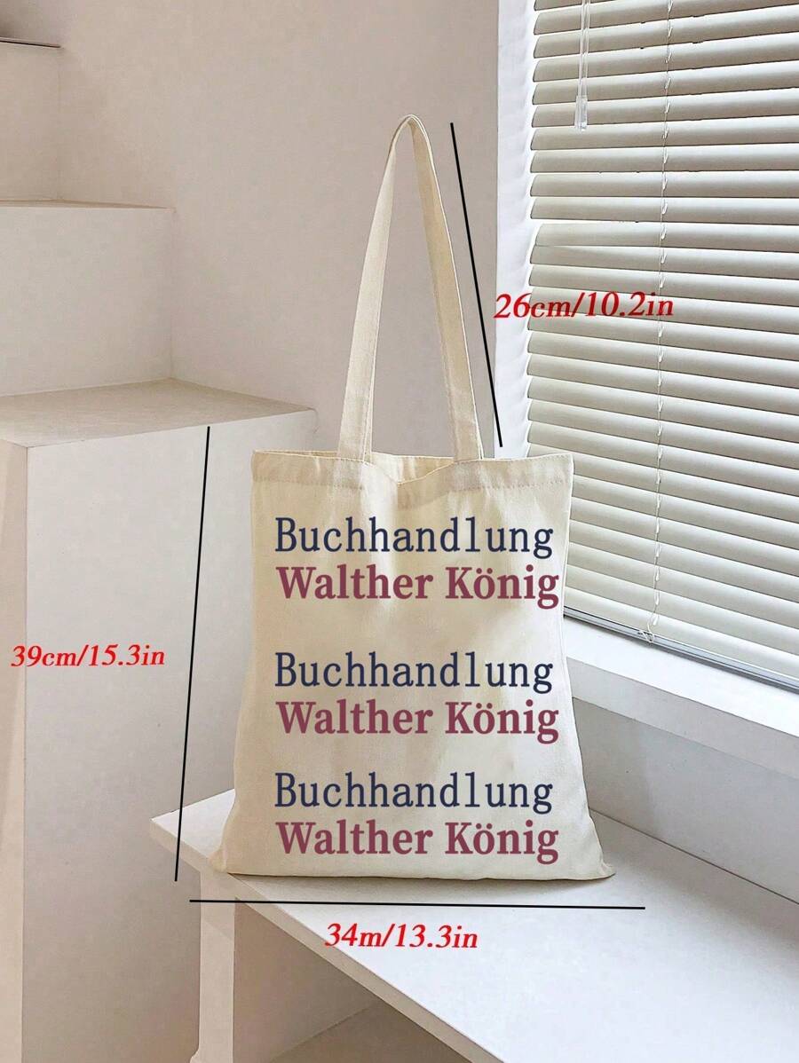1pc Stylish Beige Canvas Tote Bag With Buchhand Letter Print For Women