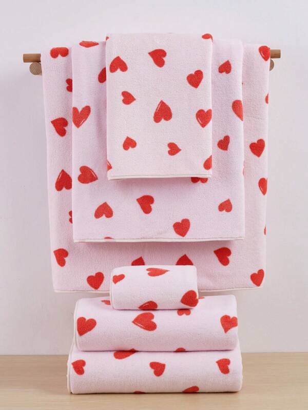 1/3 pièces Set Serviette de bain en polaire de corail avec imprimé cœur pour couple, romantique et , disponible en différentes tailles vendues séparément, choix premium de votre taille préférée, retour à l'école pour le salon de beauté, salle de bain à la maison