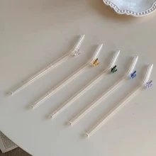 1支彩色蝴蝶紋熱阻玻璃吸管,曲形吸管可防止燙傷和口紅殘留,適用於奶茶、果汁、鮮奶等飲品 - 黃色 - 查看 8