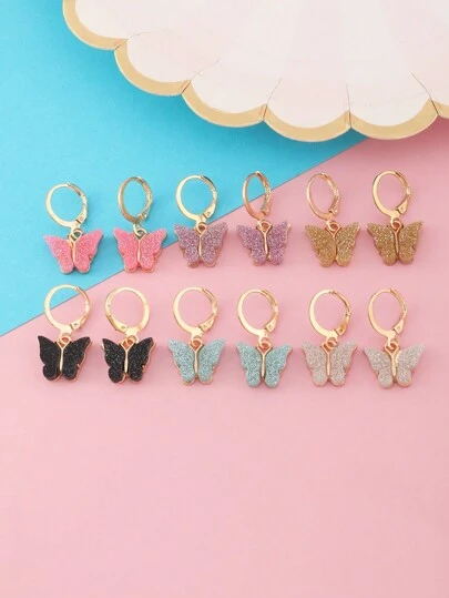 6pairs/Set Colorful Butterfly Shaped Acrylic Earrings For Girls, Daily Wear