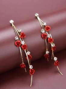 1pair Fashionable Rose Flower Shaped Earrings For Women, Versatile Accessory For Holidays - Red - View 2