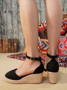 女士高跟法式編織草織緞帶楔形涼鞋,編織草帽圖案,時尚圓頭,空心漁夫鞋,腳踝帶 - 黑色 - 查看 6