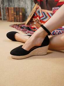 女士高跟法式編織草織緞帶楔形涼鞋,編織草帽圖案,時尚圓頭,空心漁夫鞋,腳踝帶 - 黑色 - 查看 7