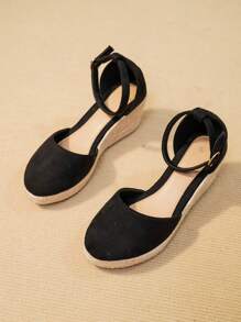 女士高跟法式編織草織緞帶楔形涼鞋,編織草帽圖案,時尚圓頭,空心漁夫鞋,腳踝帶 - 黑色 - 查看 3