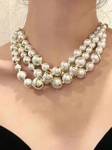 歐美風時尚性感復古個性多層珍珠串珠項鍊鎖骨鏈幾何3d分層頸鍊choker項鍊 - 金色 - 查看 3