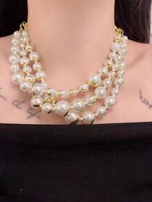 歐美風時尚性感復古個性多層珍珠串珠項鍊鎖骨鏈幾何3d分層頸鍊choker項鍊 - 金色 - 查看 2