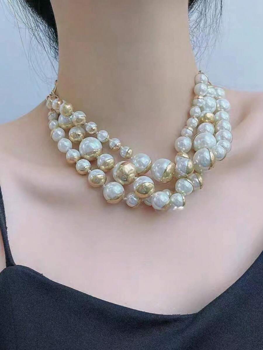 歐美風時尚性感復古個性多層珍珠串珠項鍊鎖骨鏈幾何3d分層頸鍊choker項鍊 - 金色 - 查看 1