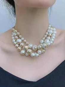 歐美風時尚性感復古個性多層珍珠串珠項鍊鎖骨鏈幾何3d分層頸鍊choker項鍊 - 金色 - 查看 4