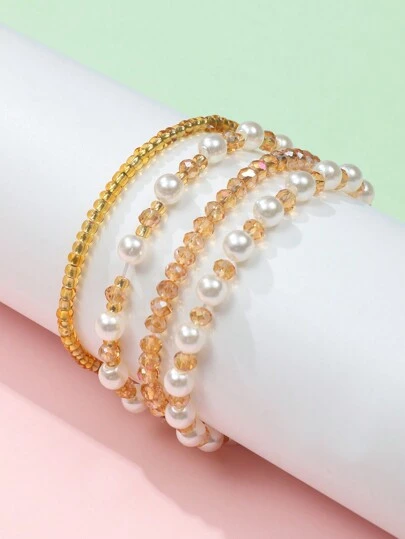 4pcs/Set Girls Pearl & Seed Bead Bracelet Set, Suitable For Daily Decoration