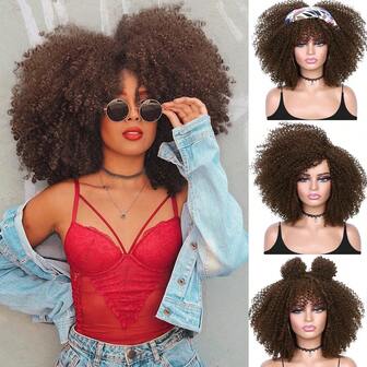 14英寸咖啡棕色捲髮假髮帶劉海小卷女士合成纖維頭髮耐熱替代品假髮時尚炸彈捲髮假髮