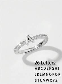 1pc Fashion Luxury Elegant Letter A-Z Zirconia Crystal Initial Rings, Versatile Gift Rings Suitable For Students, Friends & Family, Euopean & American Style Young People Jewelry - Silver - View 1