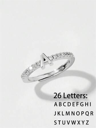 1 pieza Anillo con inicial de letra de A-Z con cristal de circonia, anillo de regalo elegante y versátil de moda, adecuado para estudiantes, amigos y familiares, joyería de estilo joven europeo y americano