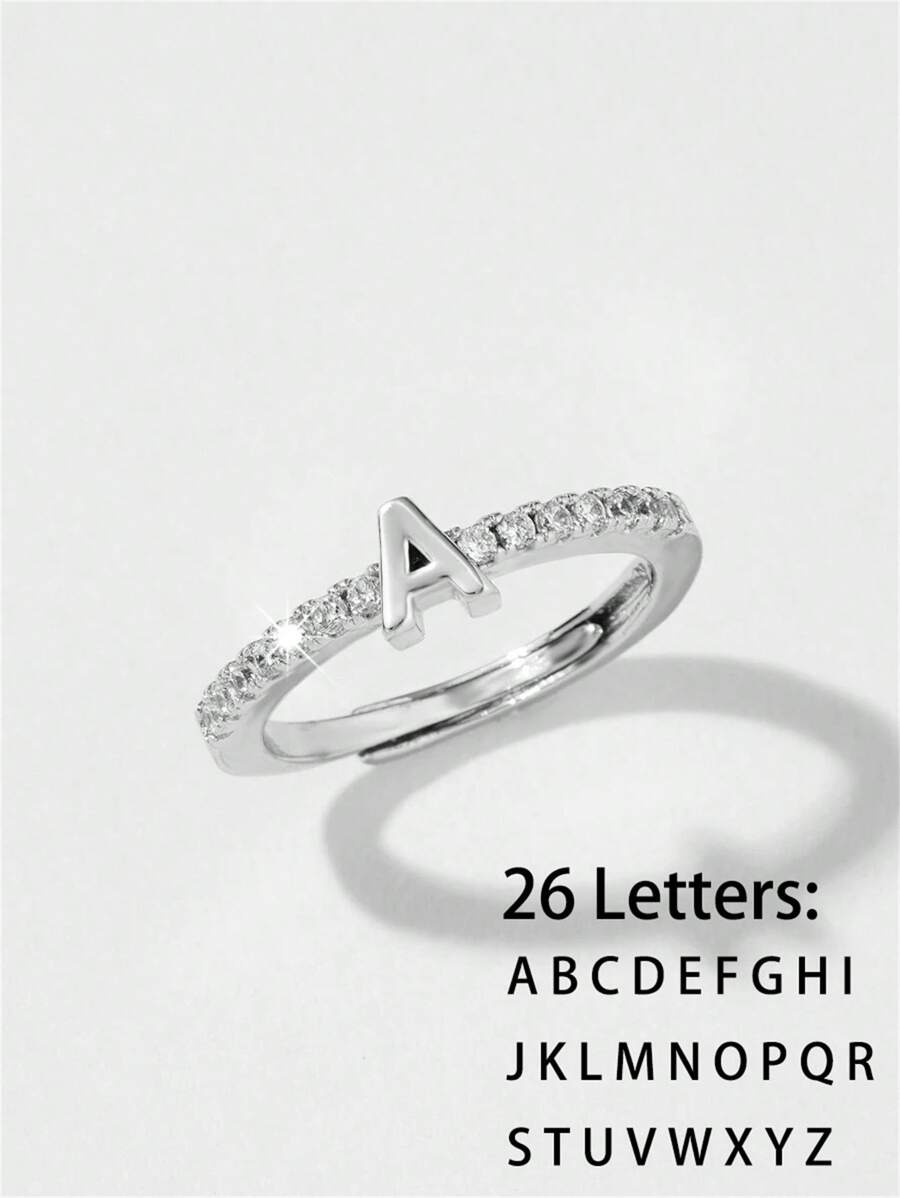 1pc Fashion Luxury Elegant Letter A-Z Zirconia Crystal Initial Rings, Versatile Gift Rings Suitable For Students, Friends & Family, Euopean & American Style Young People Jewelry - Silver - View 1