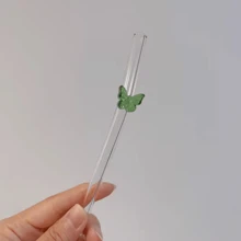 1pc Colorful Butterfly Shaped Heat-Resistant Glass Straw, Heart Shaped Anti-Scald Drinking Straw For Milk Tea, Juice, Milk School Supplies,Christmas Gift - Green - View 3