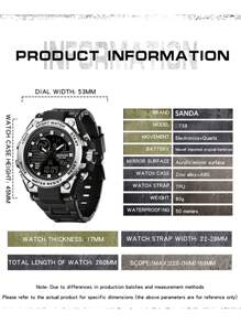 1pc Men Watch Sanda Digital Sports Watch, 50m Waterproof Led Quartz Wristwatch, Large Face - Silver - View 5