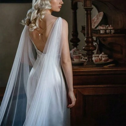 1 件香槟色简约雪纺婚礼斗篷披肩，超长拖尾面纱套装，新娘配饰，热风可减少皱纹