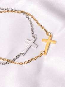2pcs/Set Women's Stainless Steel Cross Design Bracelets, Gold & Silver