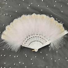 1pc Elegant Artificial Feather Fan Fluffy Folding Hand Fan For Women, Dance/Cosplay Performance Accessory - White - View 2