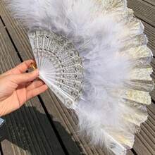 1pc Elegant Artificial Feather Fan Fluffy Folding Hand Fan For Women, Dance/Cosplay Performance Accessory - White - View 4