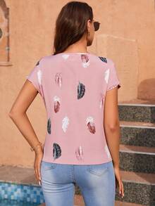 BLUSA ELEGANTE ESTAMPADA PARA MUJER, BLUSA MANGA CORTA, BLUSA DISEÑO ESTAMPADO A PLUMAS, BLUSA CUELLO REDONDO - Rosa - Ver 2