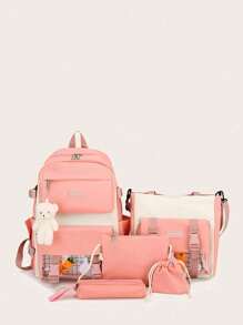 5pcs Kids Fashion Versatile Campus Big Capacity Backpack Set (Accessories Randomly Included) - Pink - View 5