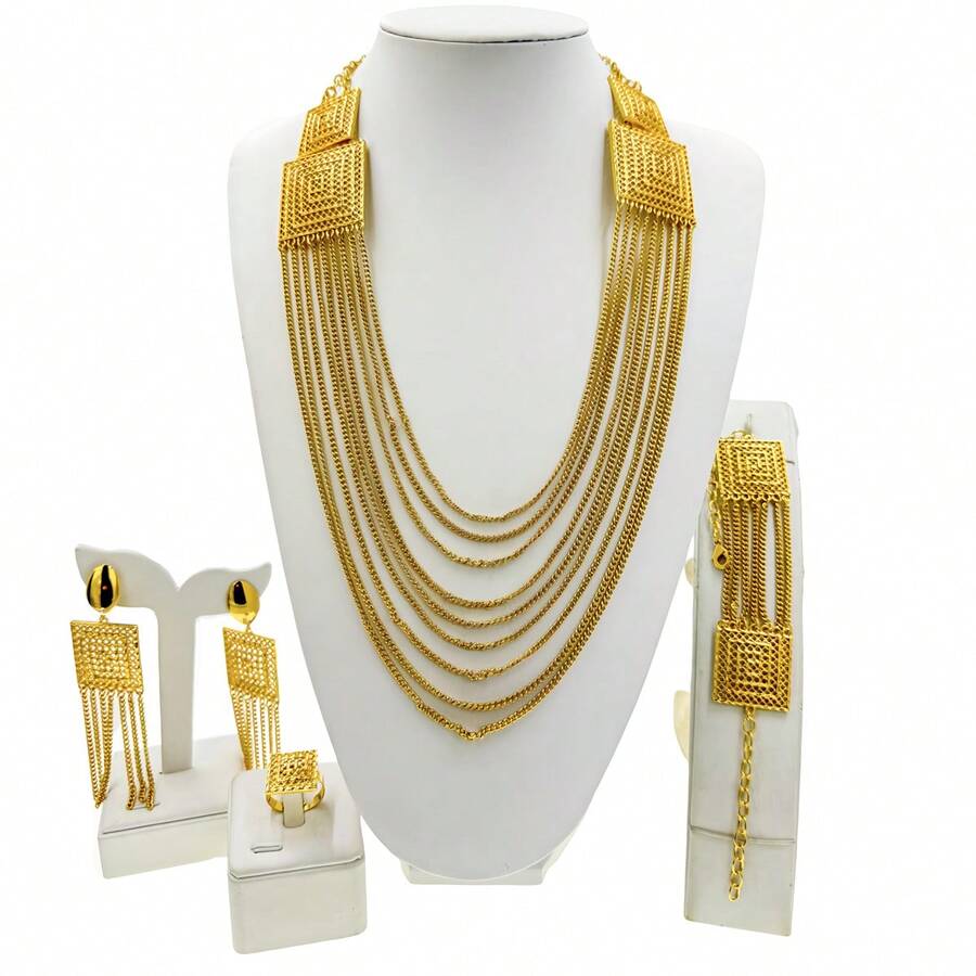 5入組多層手工頸鍊套裝,沙烏地阿拉伯24k金迪拜非洲新娘頸鍊耳環戒指手鐲,女士派對珠寶禮物,適用於母親和朋友 - 金黃色 - 查看 1