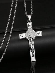 1 件不锈钢项链，朋克嘻哈祈祷项链，钢色创意信仰珠宝，欧美新款时尚钛钢吊坠配饰，长款毛衣链，男女家庭节日生日礼物，日常佩戴 - 復古銀色 - 查看 3