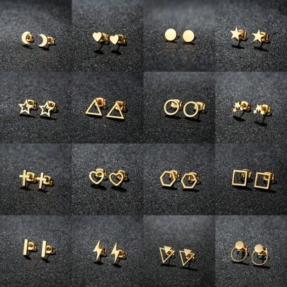 1 Pair New Stainless Steel Geometric  Stud Earrings For Women Everyday Tiny Moon Star Earrings Birthday Gift Jewelry