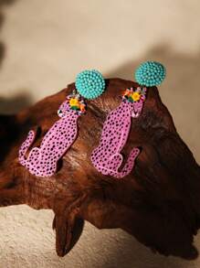 Aretes de declaración - Aretes colgantes de estilo selva tropical hechos a mano con cuentas, con acrílicode leopardo rosa y amarillo - Regalo perfecto para Día de los Enamorados, pareja o amigos, adecuado para vacaciones de verano, fiestas en la playa o festivales de música - rosa - Ver 5
