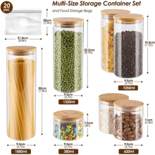 JOESTAR Glass Storage Jars With Lids Airtight, 7 Pcs Glass Pasta Jars With Bamboo Lids, Clear Food Storage Containers Kitchen Canisters Set For Cereal, Cookie, Coffee, Spice - Brown - View 2
