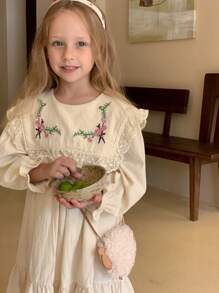 1 pièce Robe de princesse à manches longues et ourlet à volants brodés de fleurs pour jeune fille pour l'automne