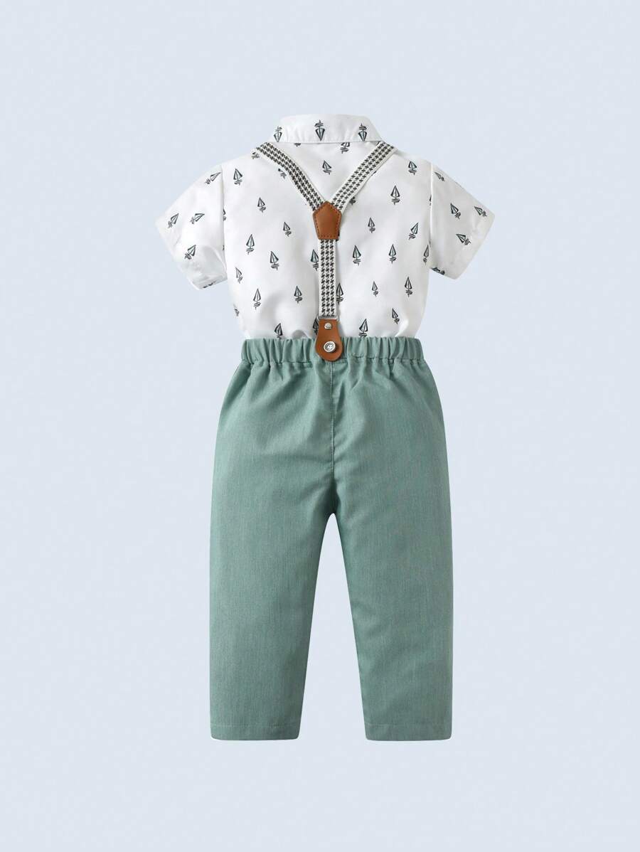 Young Boy Gentleman Outfit: Short Sleeve Shirt With Bowknot And Bib Pants, Fashionable And Stylish For Birthday Party, Wedding, Banquet - Green - View 1