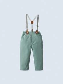 Young Boy Gentleman Outfit: Short Sleeve Shirt With Bowknot And Bib Pants, Fashionable And Stylish For Birthday Party, Wedding, Banquet - Green - View 3