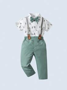 Young Boy Gentleman Outfit: Short Sleeve Shirt With Bowknot And Bib Pants, Fashionable And Stylish For Birthday Party, Wedding, Banquet - Green - View 2