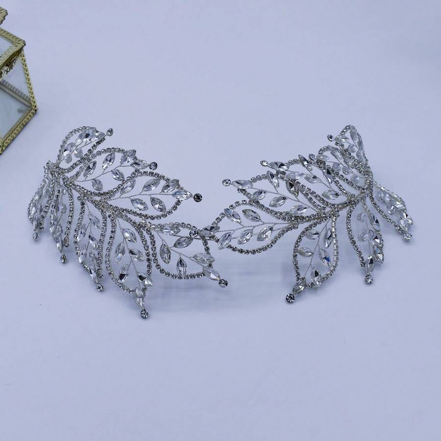 1入精品婚禮雙層頭飾,鑲嵌鉆石葉子裝飾,皇家婚禮必備 - 銀色 - 查看 1