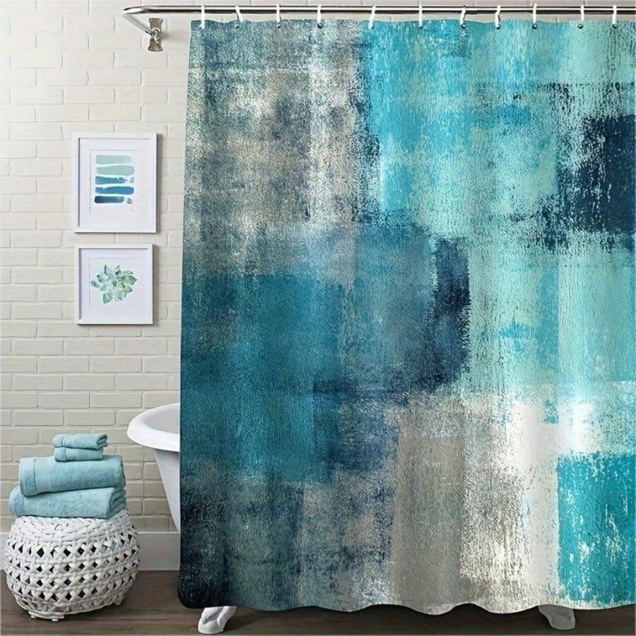 Cortina De Ducha Azul Turquesa Para Decoración De Baño Moderno Abstracto, Cortina De Ducha De Tela Verde Turquesa, Estilo Grunge Vintage De País Y Diseño De Graffiti De Pincel, 71 X 71 - Turquesa - Ver 1