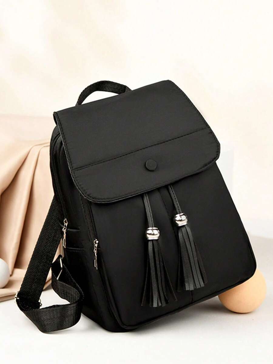 大容量校園學生翻蓋背包戶外肩背袋 - 黑色 - 查看 1