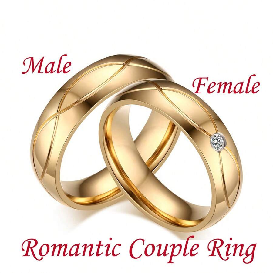 Nhẫn đôi mạ vàng 18K, kiểu dáng tối giản, đính đá Cubic Zirconia hình tròn, chất liệu thép không gỉ, thích hợp làm quà tặng lãng mạn cho đám cưới, lễ đính hôn, ngày Valentine hoặc hẹn hò, dùng để trang trí hàng ngày. - nhẫn đôi - Xem 1