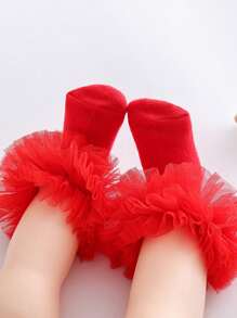 1 Pair All Cotton Princess Dance Big Ruffle Short Socks For Girls, Casual Student Socks, All Season - Red - View 2