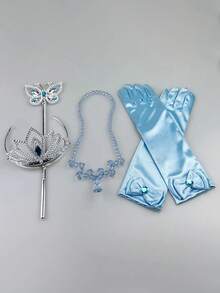 4 件組兒童藍色藍寶石皇冠、仙女魔杖、公主手套、水晶鞋、項鍊套裝適合表演、派對、婚禮、角色扮演 - 藍色 - 查看 1