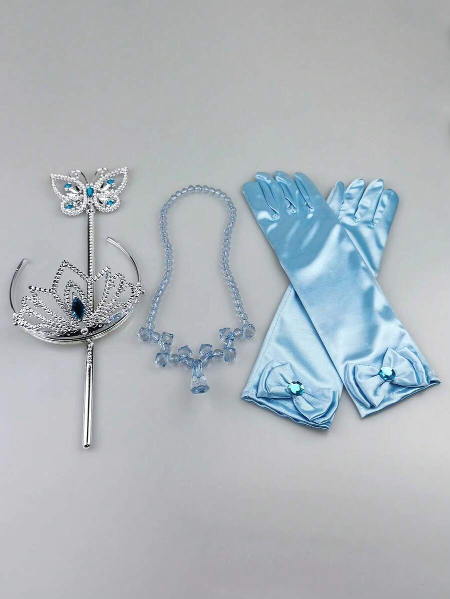 4 件組兒童藍色藍寶石皇冠、仙女魔杖、公主手套、水晶鞋、項鍊套裝適合表演、派對、婚禮、角色扮演 - 藍色 - 查看 1