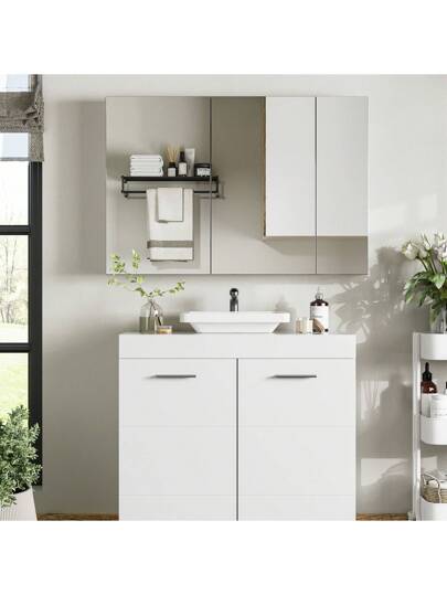 Bathroom Vanity Unit Mirror, Wand Mounted Spiegel Cabinet, Mirrored Doors, White, 87.5 60 15.5 Cm view 2